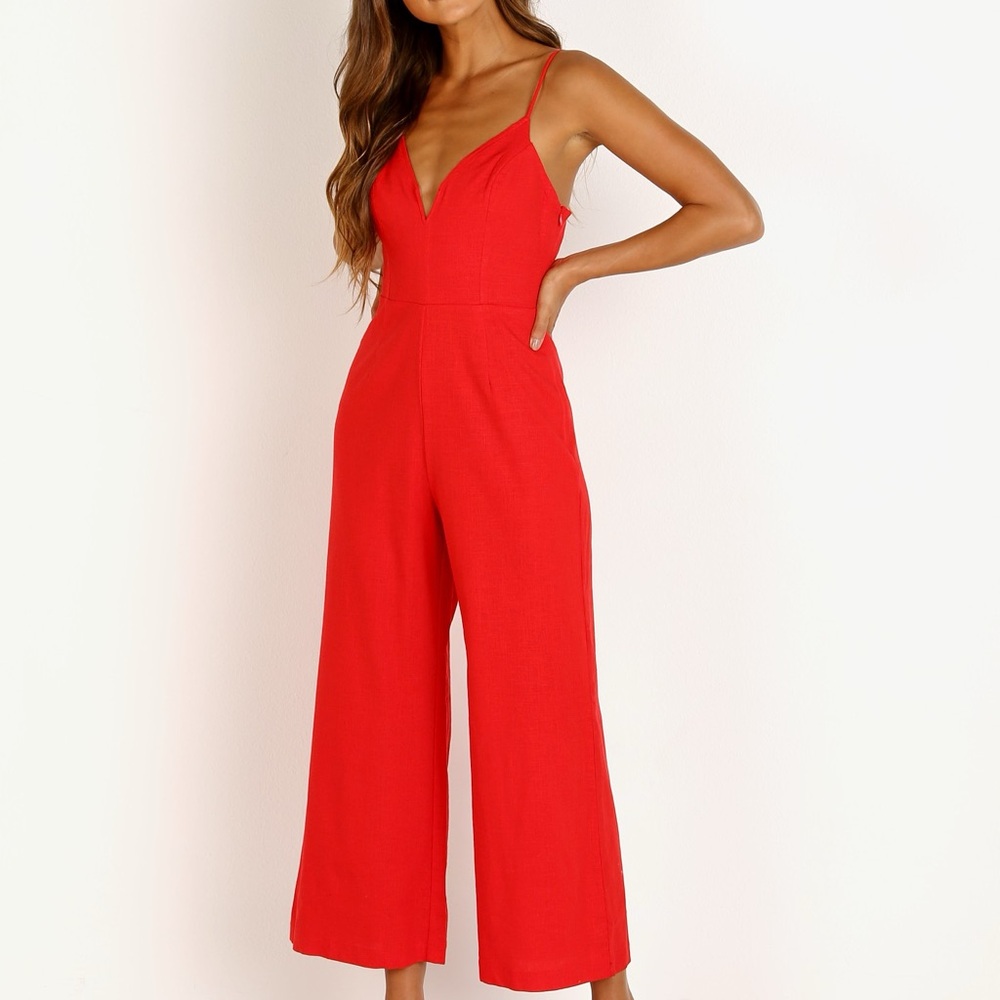 ASTR Red Linen Jumpsuit with Cropped Legs | Lightweight & Comfortable